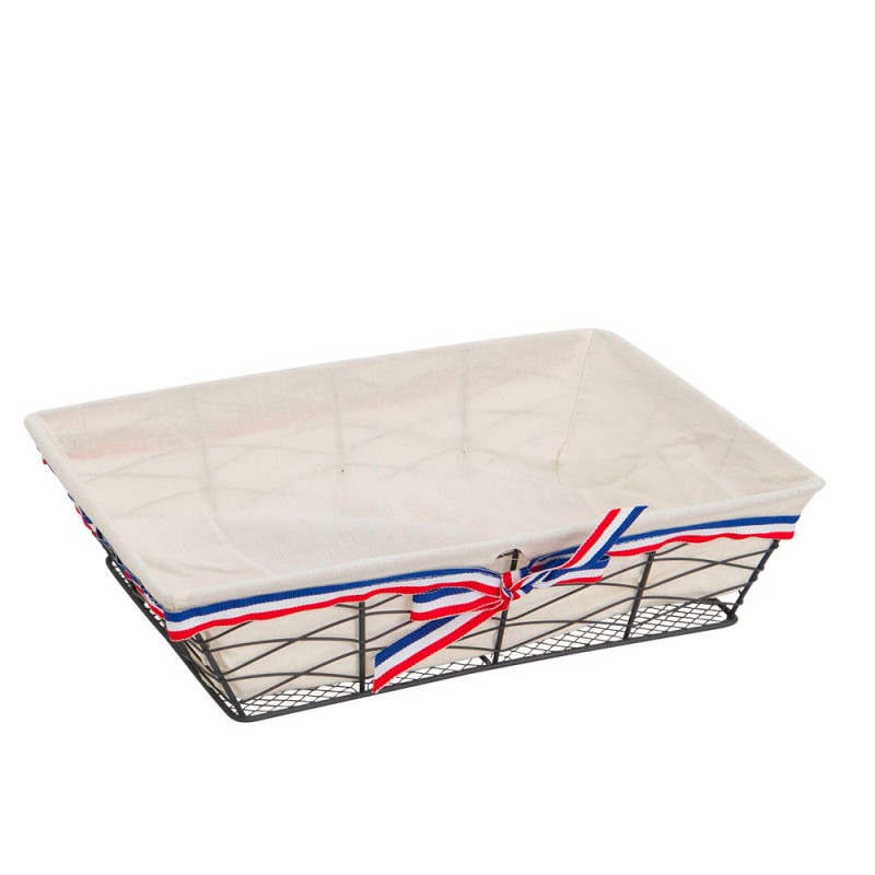 Corbeille metal gris fonce tissu ecru bord bleu/blanc/rouge