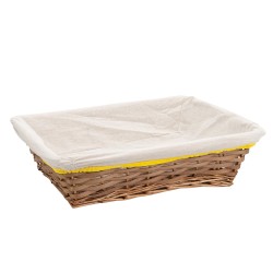 Corbeille osier bois doublee tissu ecru bord jaune