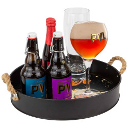 Plateau metal rond noir poignees cordes Fresh Beer 32x6cm