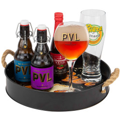 Plateau metal rond noir poignees cordes Fresh Beer 32x6cm