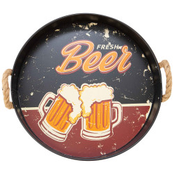 Plateau metal rond noir poignees cordes Fresh Beer 32x6cm