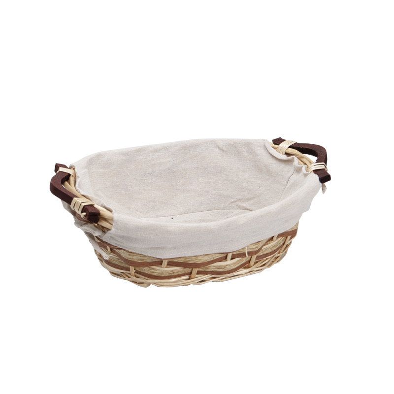 Corbeille naturelle doublée tissu écru avec 2 poignées bois – 32 x 24 x 11 cm