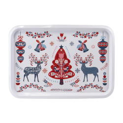 Plateau de service Noël rectangulaire métal, décor rouge/bleu/blanc – Scandinave – 32,5 × 22 × 1,5 cm