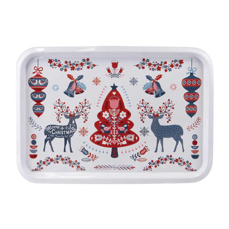 Plateau de service Noël rectangulaire métal, décor rouge/bleu/blanc – Scandinave – 32,5 × 22 × 1,5 cm