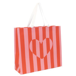 Sac luxe carton rectangulaire rayé rose et rouge, anses tissu – Bisou – 36 x 12 x 32 cm