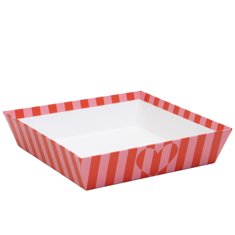 Corbeille carton carrée, rayée rose et rouge – Bisou – 22 x 22 x 5 cm