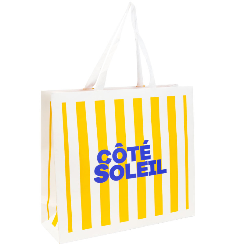 Sac luxe carton rectangulaire, rayé blanc et jaune, anses tissu – Côté Soleil – 36 x 12 x 32 cm