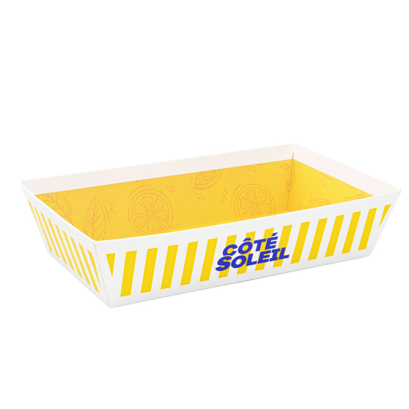 Corbeille carton rectangulaire, rayée blanc et jaune – Côté Soleil – 33 x 20 x 7 cm