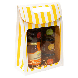 Pochette carton rectangulaire avec fenêtre, rayée blanc et jaune – Côté Soleil – 19 x 9 x 27 cm