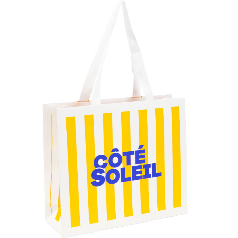 Sac luxe carton rectangulaire, rayé blanc et jaune, anses tissu – Côté Soleil – 29 x 10 x 25 cm