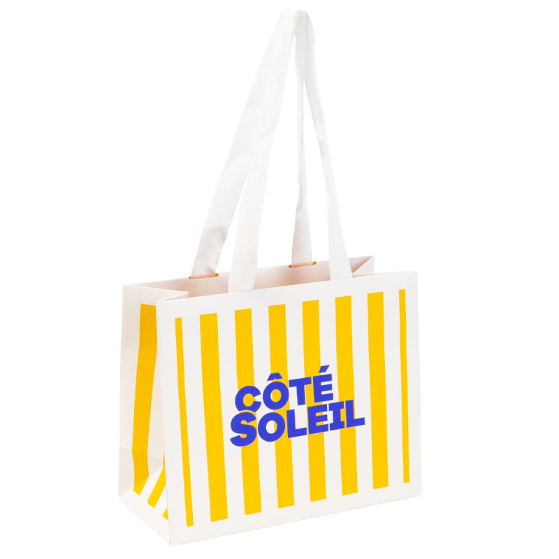 Sac luxe carton rectangulaire, rayé blanc et jaune, anses tissu – Côté Soleil – 22 x 10 x 18 cm