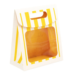 Pochette carton rectangulaire avec fenêtre, rayée blanc et jaune – Côté Soleil – 16 x 8 x 19 cm