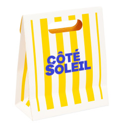 Pochette carton rectangulaire avec fenêtre, rayée blanc et jaune – Côté Soleil – 16 x 8 x 19 cm