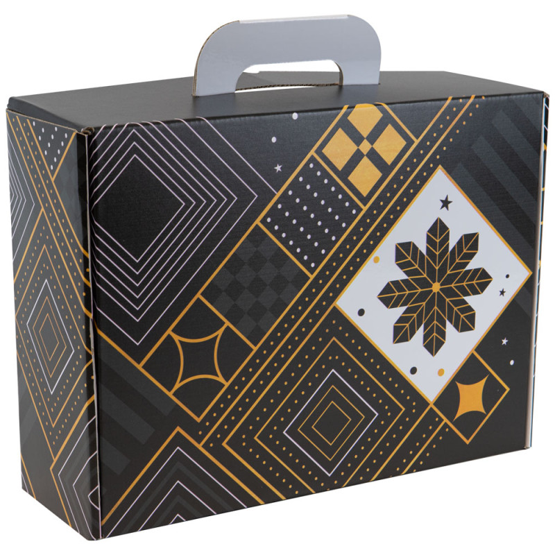 Valisette rectangulaire carton noir, blanc, jaune, livré à plat – Prestige – 36,5 x 27 x 12 cm