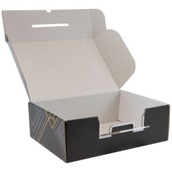 Valisette rectangulaire carton noir, blanc, jaune, livré à plat – Prestige – 36,5 x 27 x 12 cm