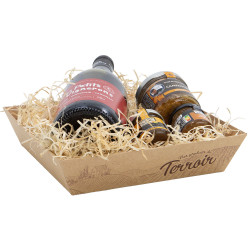 Corbeille carrée en carton kraft et marron – Nos produits du Terroir – 22 x 22 x 5 cm