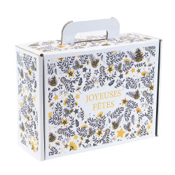 Valisette rectangulaire en carton blanc, gris et jaune – Joyeuses Fêtes – 25 x 19 x 10 cm