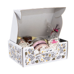 Valisette rectangulaire en carton blanc, gris et jaune – Joyeuses Fêtes – 25 x 19 x 10 cm