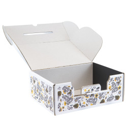 Valisette rectangulaire en carton blanc, gris et jaune – Joyeuses Fêtes – 25 x 19 x 10 cm