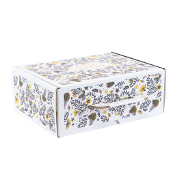 Valisette rectangulaire en carton blanc, gris et jaune – Joyeuses Fêtes – 25 x 19 x 10 cm
