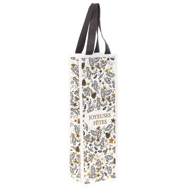 Sac rectangulaire 1 bouteille en carton blanc et gris, dorure à chaud – Joyeuses Fêtes – 12 x 8,5 x 36 cm