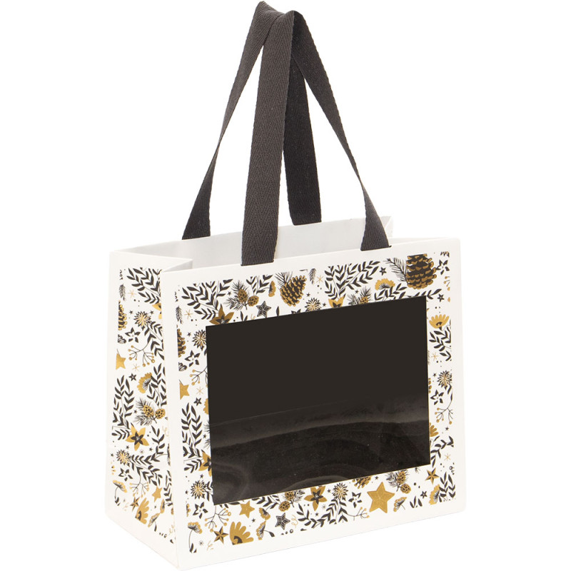 Sac rectangulaire en carton blanc et gris avec fenêtre – Joyeuses Fêtes – 20 x 10 x 17 cm