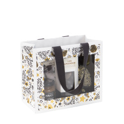 Sac rectangulaire en carton blanc et gris avec fenêtre – Joyeuses Fêtes – 20 x 10 x 17 cm