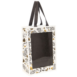 Sac rectangulaire en carton blanc et gris avec fenêtre, dorure à chaud – Joyeuses Fêtes – 20 x 10 x 29 cm