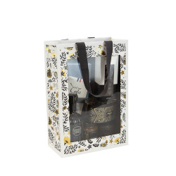 Sac rectangulaire en carton blanc et gris avec fenêtre, dorure à chaud – Joyeuses Fêtes – 20 x 10 x 29 cm