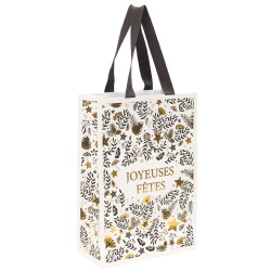 Sac rectangulaire en carton blanc et gris avec fenêtre, dorure à chaud – Joyeuses Fêtes – 20 x 10 x 29 cm