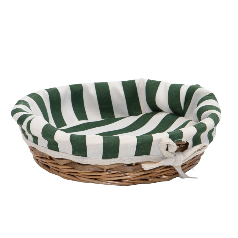 Corbeille ronde osier, tissu rayé blanc et vert – ø25 x 6 cm