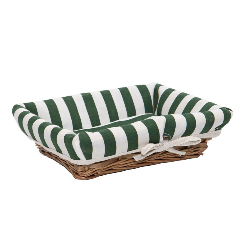 Corbeille rectangulaire osier, tissu rayé blanc et vert – 30 x 23 x 8 cm