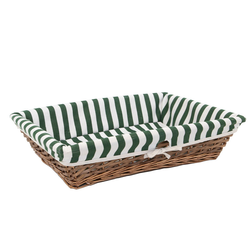 Corbeille rectangulaire osier, tissu rayé blanc et vert – 54 x 40 x 12 cm