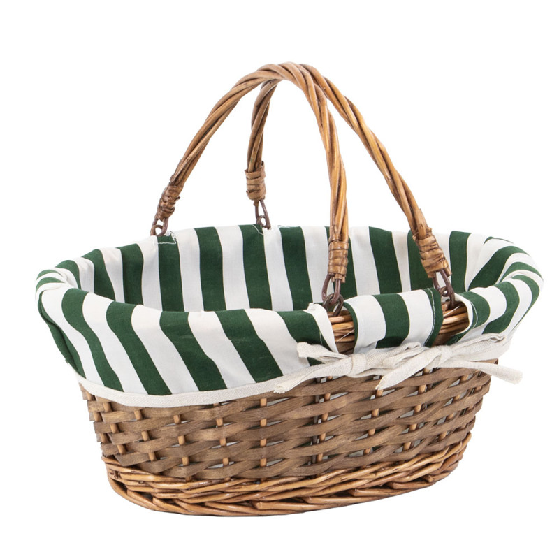 Panier ovale osier, tissu rayé blanc/vert – 36 x 28 x 15 cm