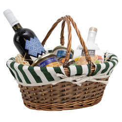 Panier ovale osier, tissu rayé blanc/vert – 36 x 28 x 15 cm