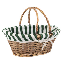 Panier ovale osier, tissu rayé blanc/vert – 40 x 29 x 16 cm