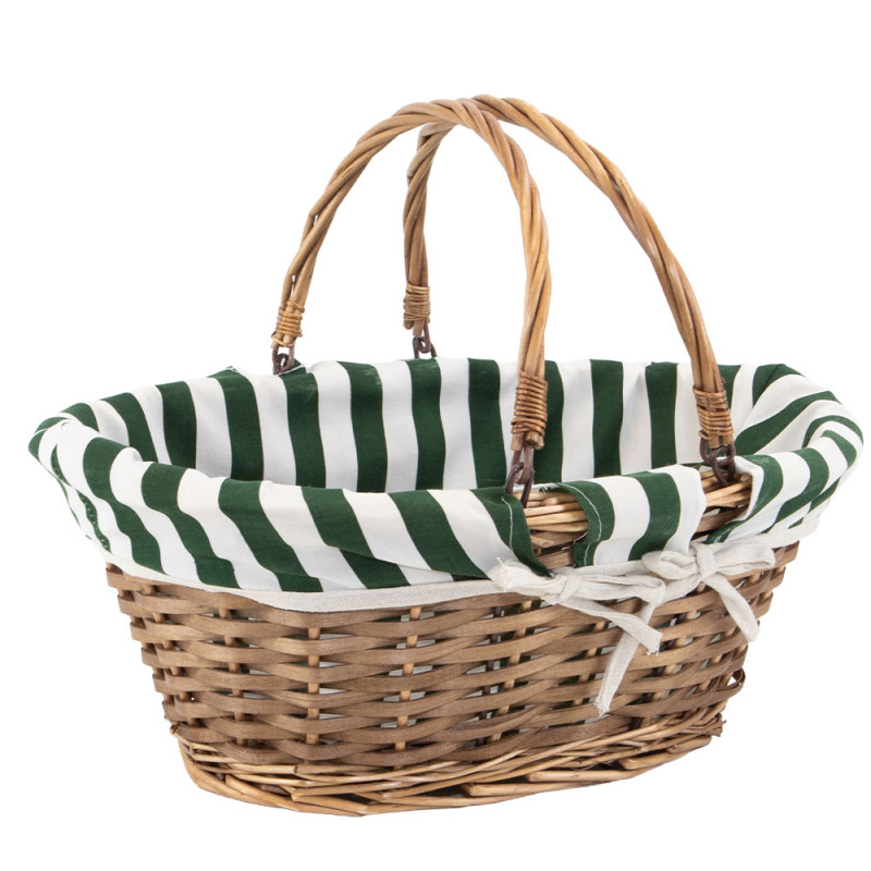 Panier ovale osier, tissu rayé blanc/vert – 40 x 29 x 16 cm