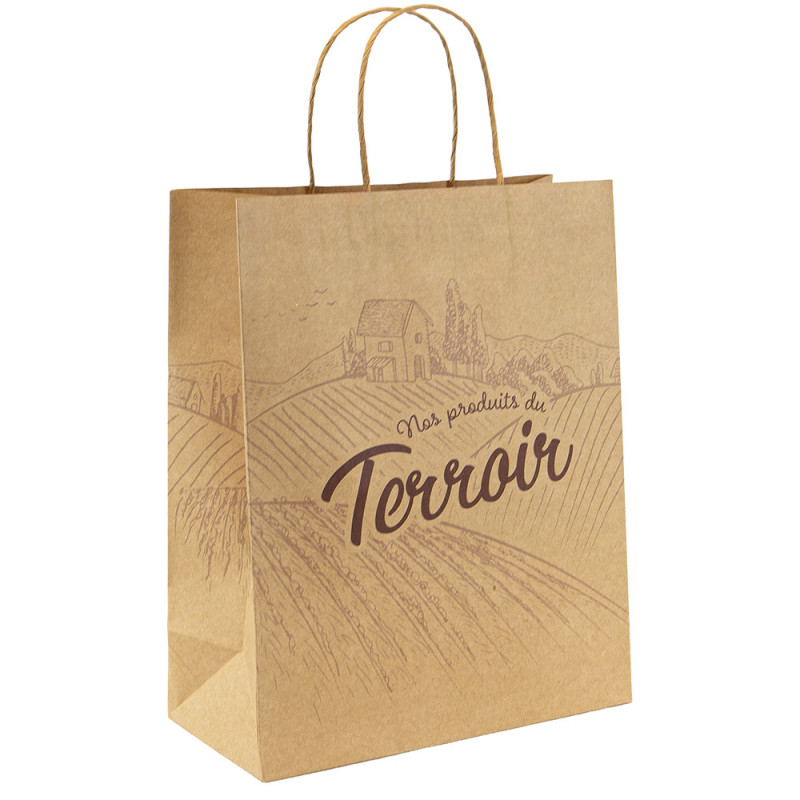 Sac rectangulaire en carton kraft et marron avec anses torsadées – Terroir – 26 x 12 x 32 cm
