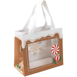 Sac luxe rectangulaire en carton marron et blanc avec fenêtre et anses tissu – Pain d’épices – 20 x 10 x 17 cm