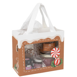 Sac luxe rectangulaire en carton marron et blanc avec fenêtre et anses tissu – Pain d’épices – 20 x 10 x 17 cm
