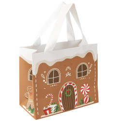 Sac luxe rectangulaire en carton marron et blanc avec fenêtre et anses tissu – Pain d’épices – 20 x 10 x 17 cm
