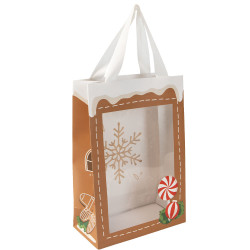 Sac luxe rectangulaire en carton marron et blanc avec fenêtre et anses tissu – Pain d’épices – 20 x 10 x 29 cm