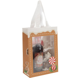 Sac luxe rectangulaire en carton marron et blanc avec fenêtre et anses tissu – Pain d’épices – 20 x 10 x 29 cm