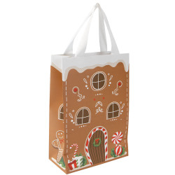 Sac luxe rectangulaire en carton marron et blanc avec fenêtre et anses tissu – Pain d’épices – 20 x 10 x 29 cm