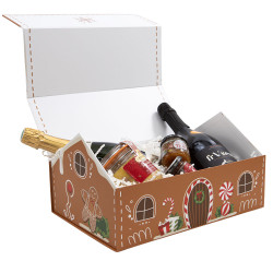 Coffret carton maison pliable marron et blanc, livré à plat – Pain d’épices – 35 x 25 x 18,5 cm