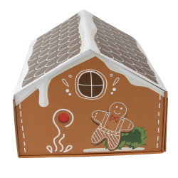 Coffret carton maison pliable marron et blanc, livré à plat – Pain d’épices – 35 x 25 x 18,5 cm