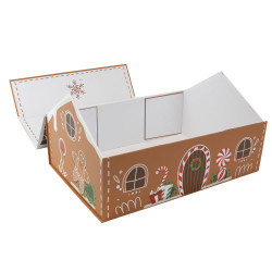 Coffret carton maison pliable marron et blanc, livré à plat – Pain d’épices – 35 x 25 x 18,5 cm