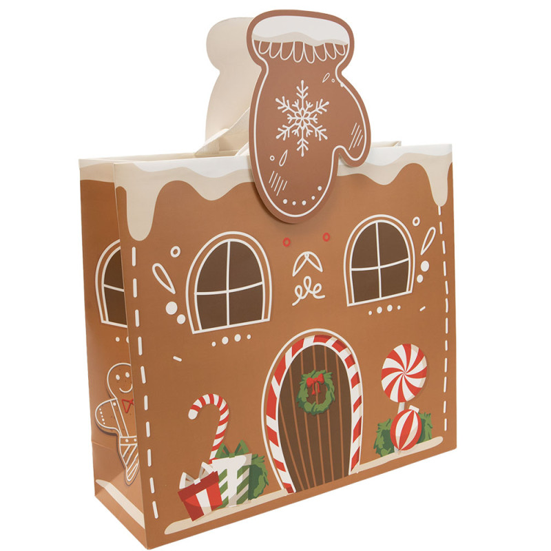 Sac luxe rectangulaire en carton marron et blanc avec anses tissu effet gant – Pain d’épices – 36 x 12 x 32 cm