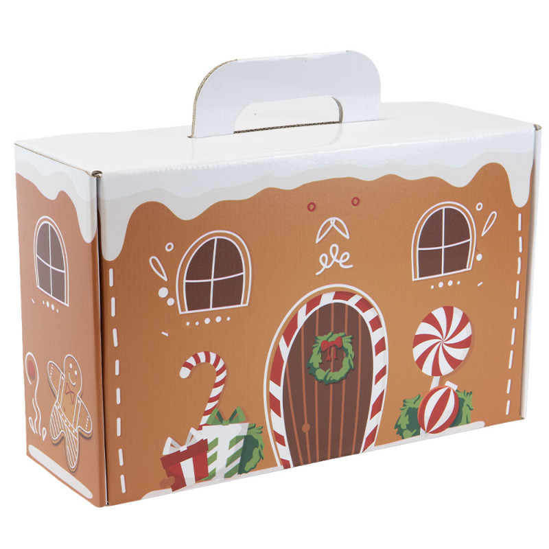 Valisette rectangulaire en carton marron et blanc – Pain d’épices – 34,5 x 22 x 12 cm