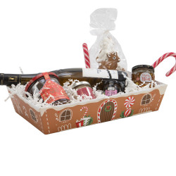 Corbeille rectangulaire en carton marron et blanc – Pain d’épices – 36 x 27 x 7 cm